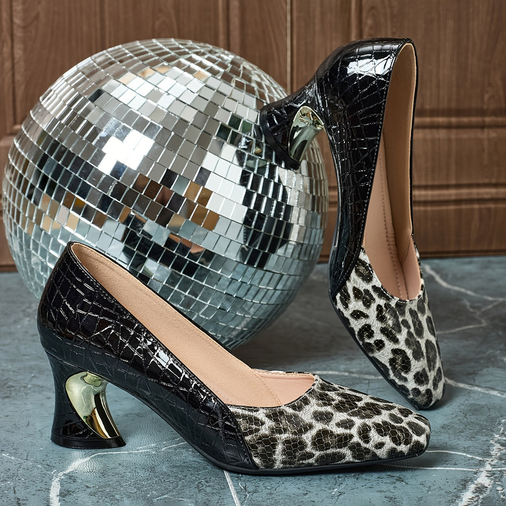 Leopard Print Women Shoes/Color Blocking Embossed Patent/High Heels Square Toe Temperament Versatile