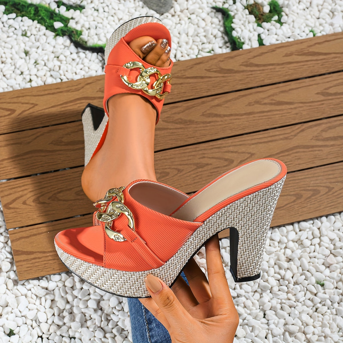 Elegant Women'S Sexy Open-Toe High Heels with Chunky Heel Slip-On Sandals, Versatile Bohemian Style., Women Shoes