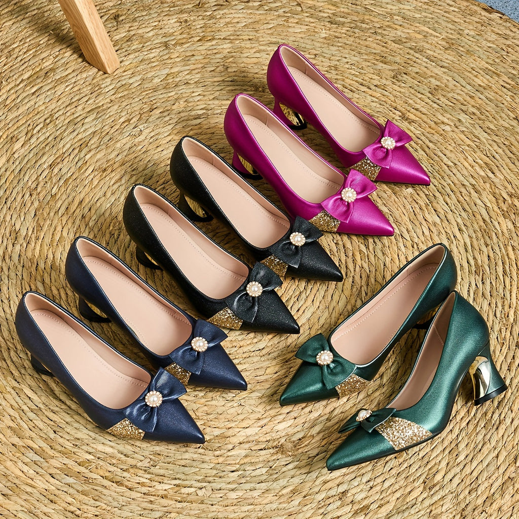 Elegant Women's Pointed-Toe High Heel Mules | Versatile Chunky Heel Dress Shoes for Work, Casual, and Party Wear - TPU Sole, Faux Cover Upper, Fashionable Design|Stylish Women's Footwear|Decorative Embellishments with Pearl Flower Accents