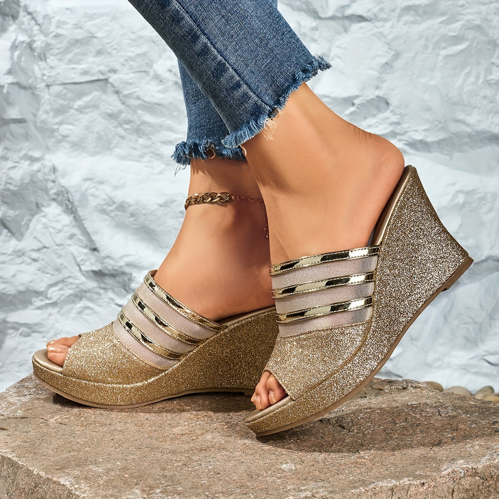 Elegant Women's Casual Wedge Sandals, Fashionable and Beautiful Lace Design, Comfortable Thick Sole Versatile Slip-On, Suitable for Parties and Banquets, Women Shoes