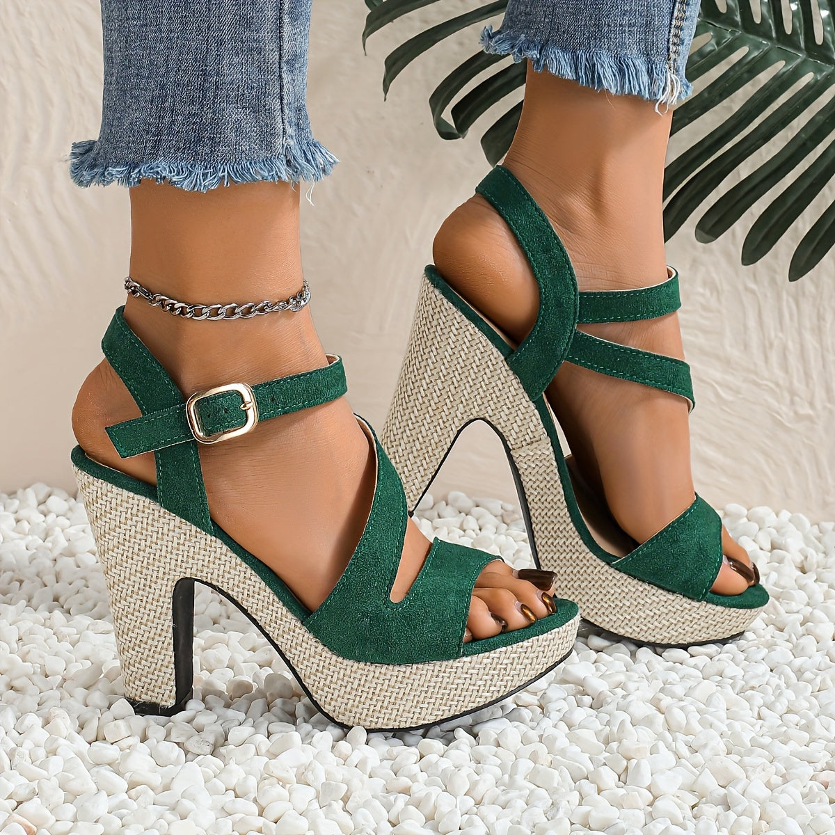 Elegant Women'S Bohemian Thick Sole Platform Sandals - Open Toe Ankle Strap with Adjustable Hook & Loop Closure, Ultra-High Heel, All-Season Versatile Fashion Shoes in Green, White, Black, Chunky Heel Sandals, Comfortable Footwear, Durable Tpr Sole