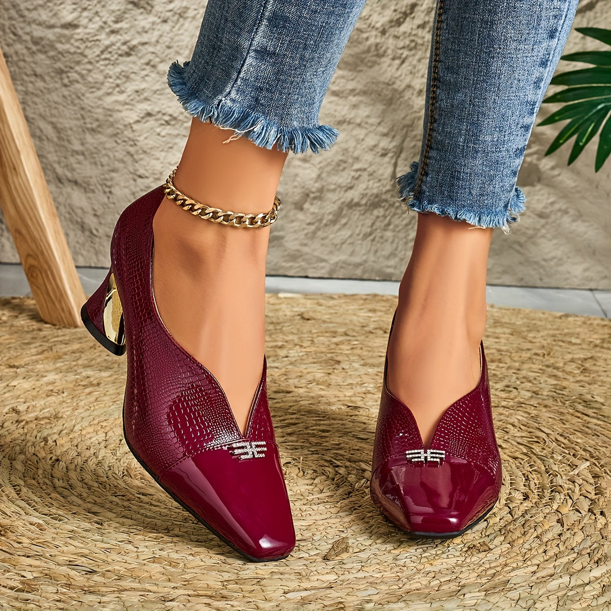 Elegant Women'S Fashion Deep Mouth Diamond Buckle Small Square Toe High Heels, Comfortable Chunky Heel Casual Versatile Style., Women Shoes