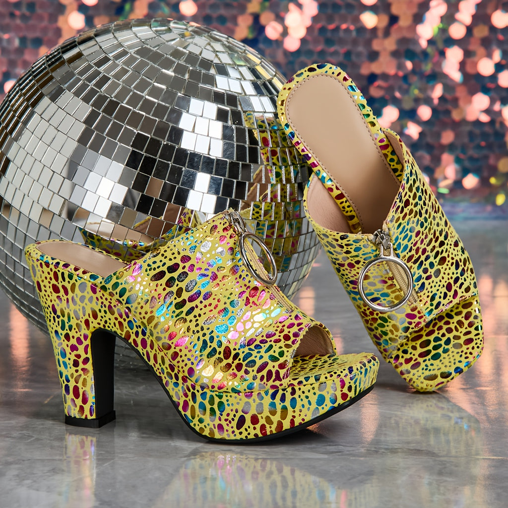 Elegant Open-Toe High-Heeled Sandals for Women with a Printed Zipper And Ethnic Style, Suitable for Weddings, Parties, Gifts, And Any Occasion., Women Shoes