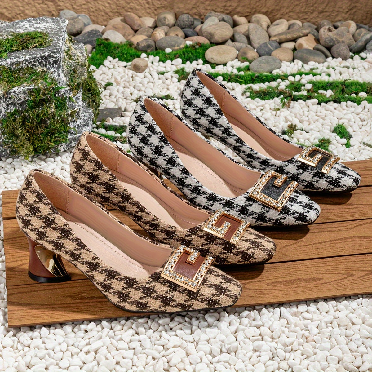 British Retro Small Fragrant Style Thousand Bird Grid Buckle Small Square Head Thick Heel Spring and Autumn Winter Hot Selling Women's Shoes, Women Shoes