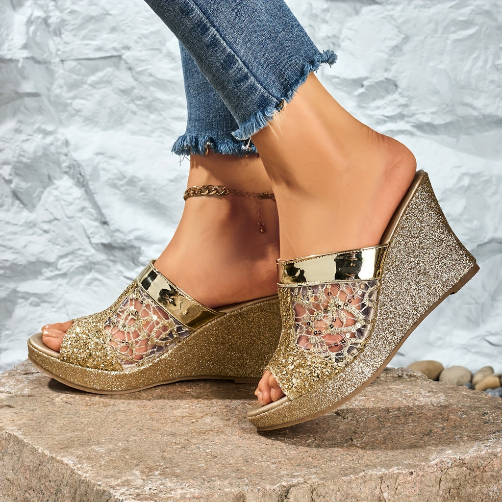 Elegant Wedge-Heeled Sandals for Women with Sequins And Fashionable Lace Embroidery, Perfect for Casual Wear And Easy to Slip On., Women Shoes