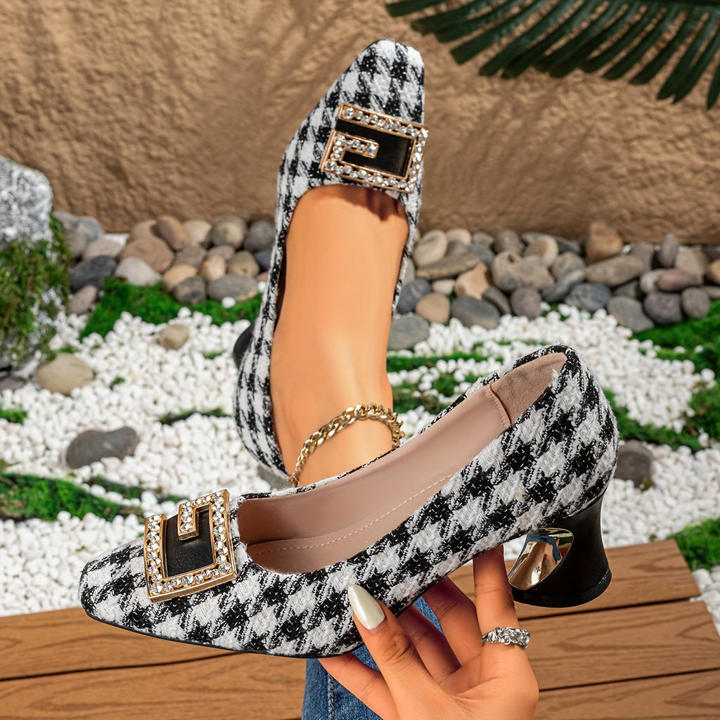 British Retro Small Fragrant Style Thousand Bird Grid Buckle Small Square Head Thick Heel Spring and Autumn Winter Hot Selling Women's Shoes, Women Shoes