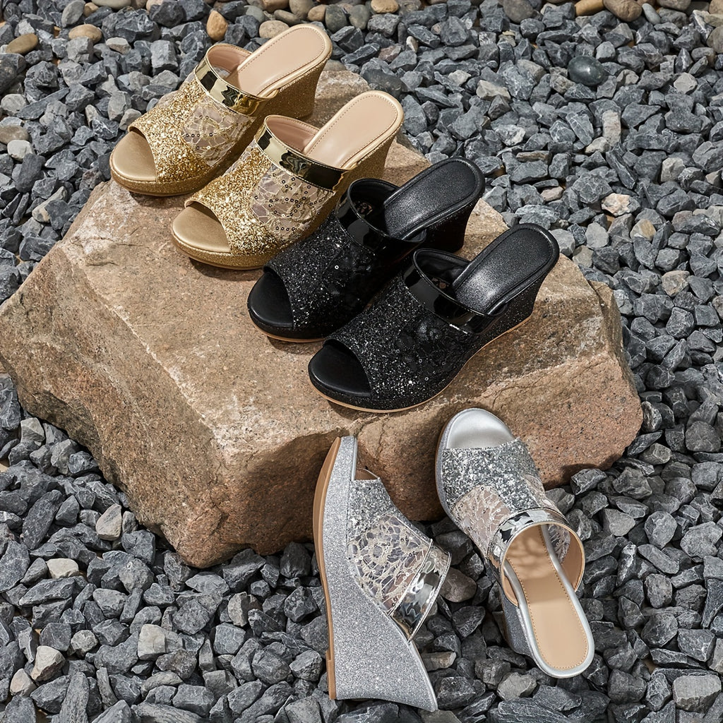 Elegant Wedge-Heeled Sandals for Women with Sequins And Fashionable Lace Embroidery, Perfect for Casual Wear And Easy to Slip On., Women Shoes
