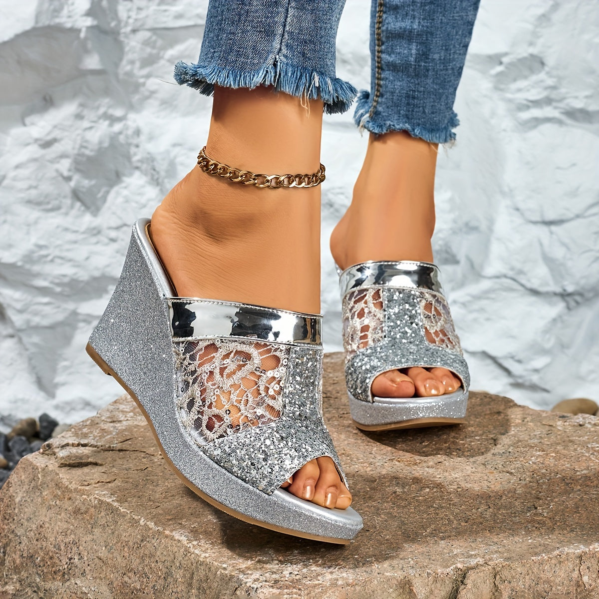 Elegant Wedge-Heeled Sandals for Women with Sequins And Fashionable Lace Embroidery, Perfect for Casual Wear And Easy to Slip On., Women Shoes
