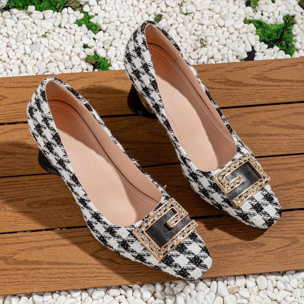 British Retro Small Fragrant Style Thousand Bird Grid Buckle Small Square Head Thick Heel Spring and Autumn Winter Hot Selling Women's Shoes, Women Shoes