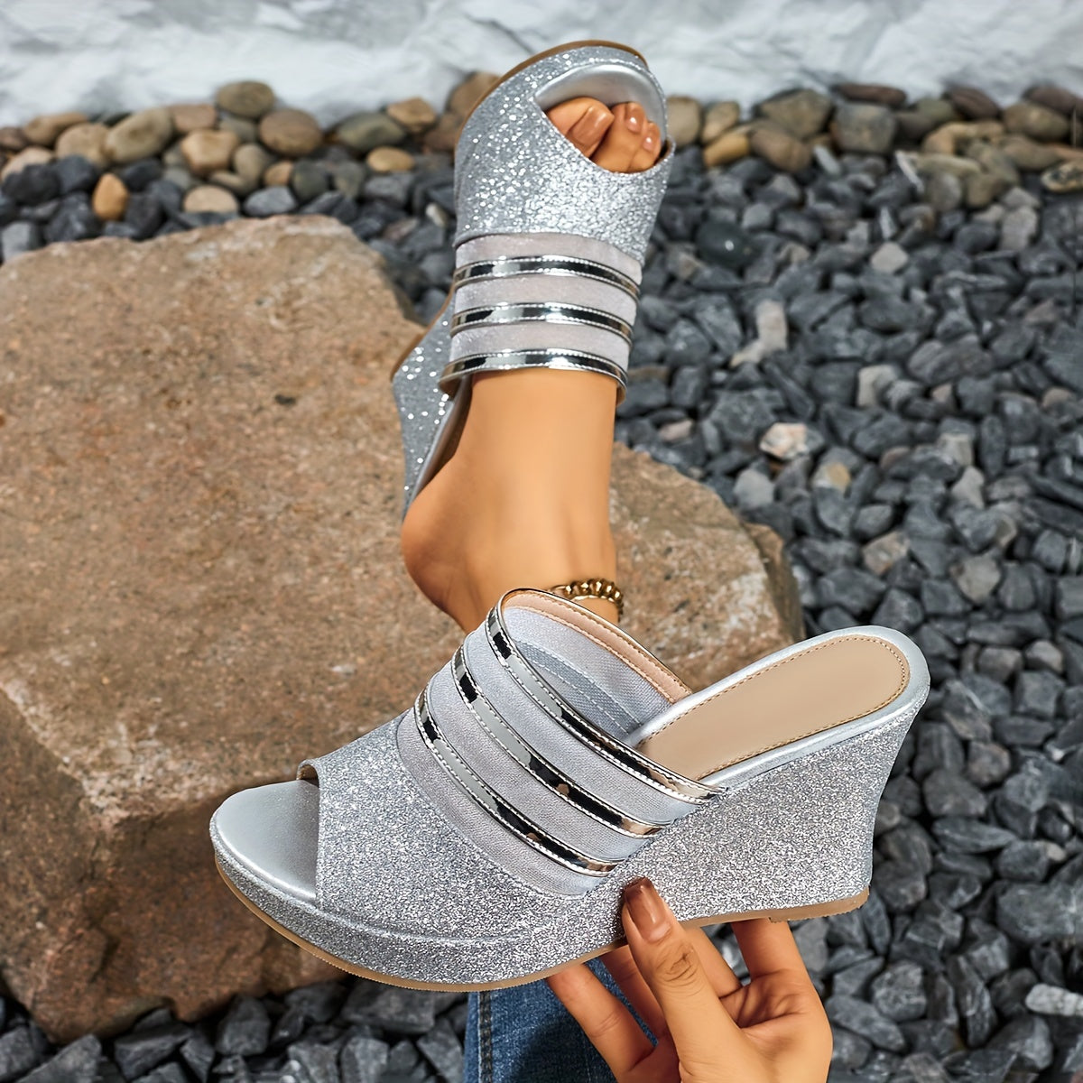 Elegant Women's Casual Wedge Sandals, Fashionable and Beautiful Lace Design, Comfortable Thick Sole Versatile Slip-On, Suitable for Parties and Banquets, Women Shoes