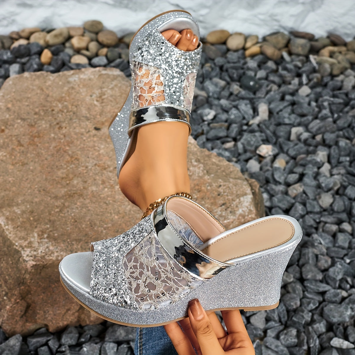 Elegant Wedge-Heeled Sandals for Women with Sequins And Fashionable Lace Embroidery, Perfect for Casual Wear And Easy to Slip On., Women Shoes
