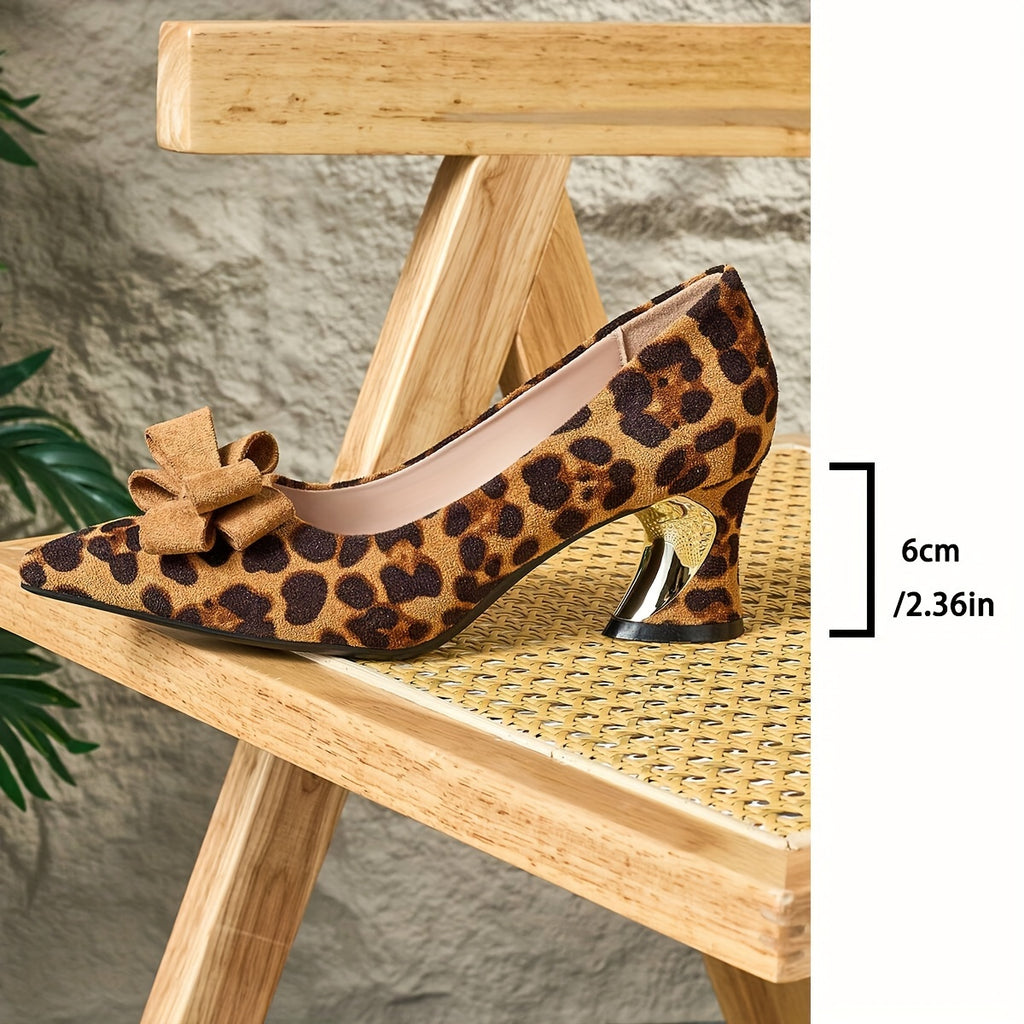 Trendy Women'S High-Heeled Shoes, Suitable for Casual Wear, Featuring a Leopard Print Bow And a Sturdy Pointed Heel, Popular for The Autumn And Winter Seasons., Women Shoes
