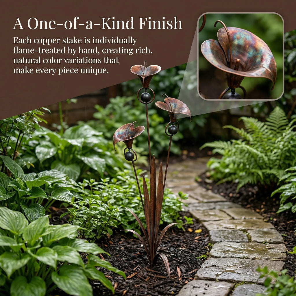 Flamed Copper Three Calla Lilies Garden Stake with Bells. 28 Handcrafted Outdoor Yard Art