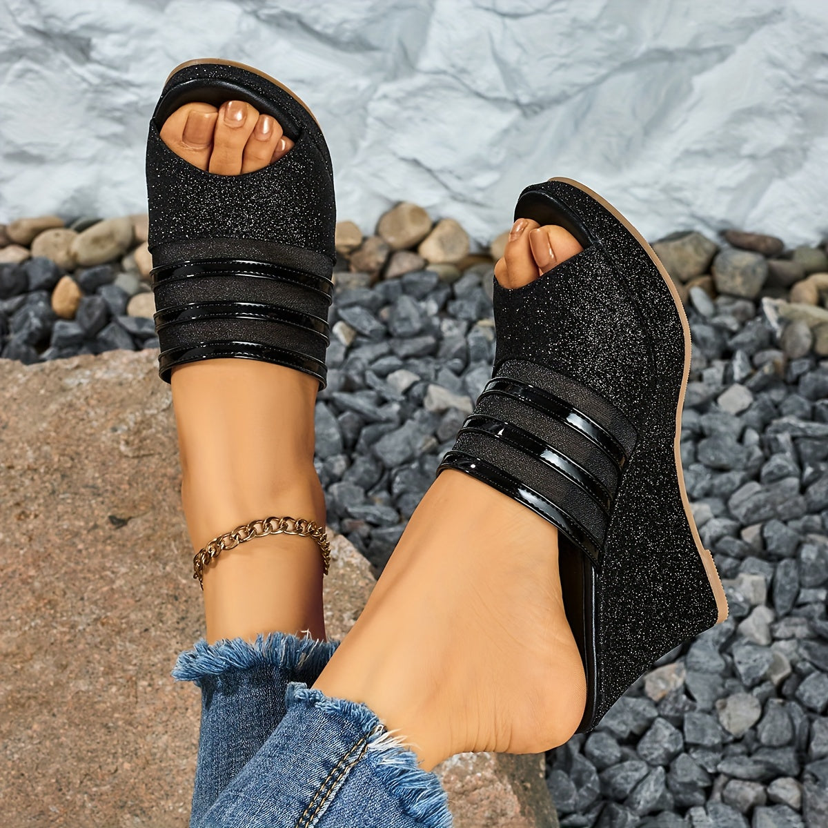 Elegant Women's Casual Wedge Sandals, Fashionable and Beautiful Lace Design, Comfortable Thick Sole Versatile Slip-On, Suitable for Parties and Banquets, Women Shoes
