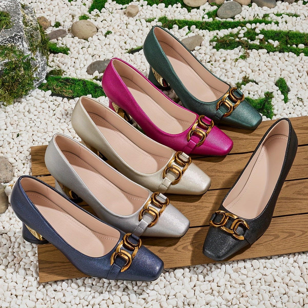Elegant Women'S Casual Fashion Square-Toed High Heels with Metal Buckles, Comfortable Chunky Heels Suitable for, Leisure, And Professional Parties., Women Shoes