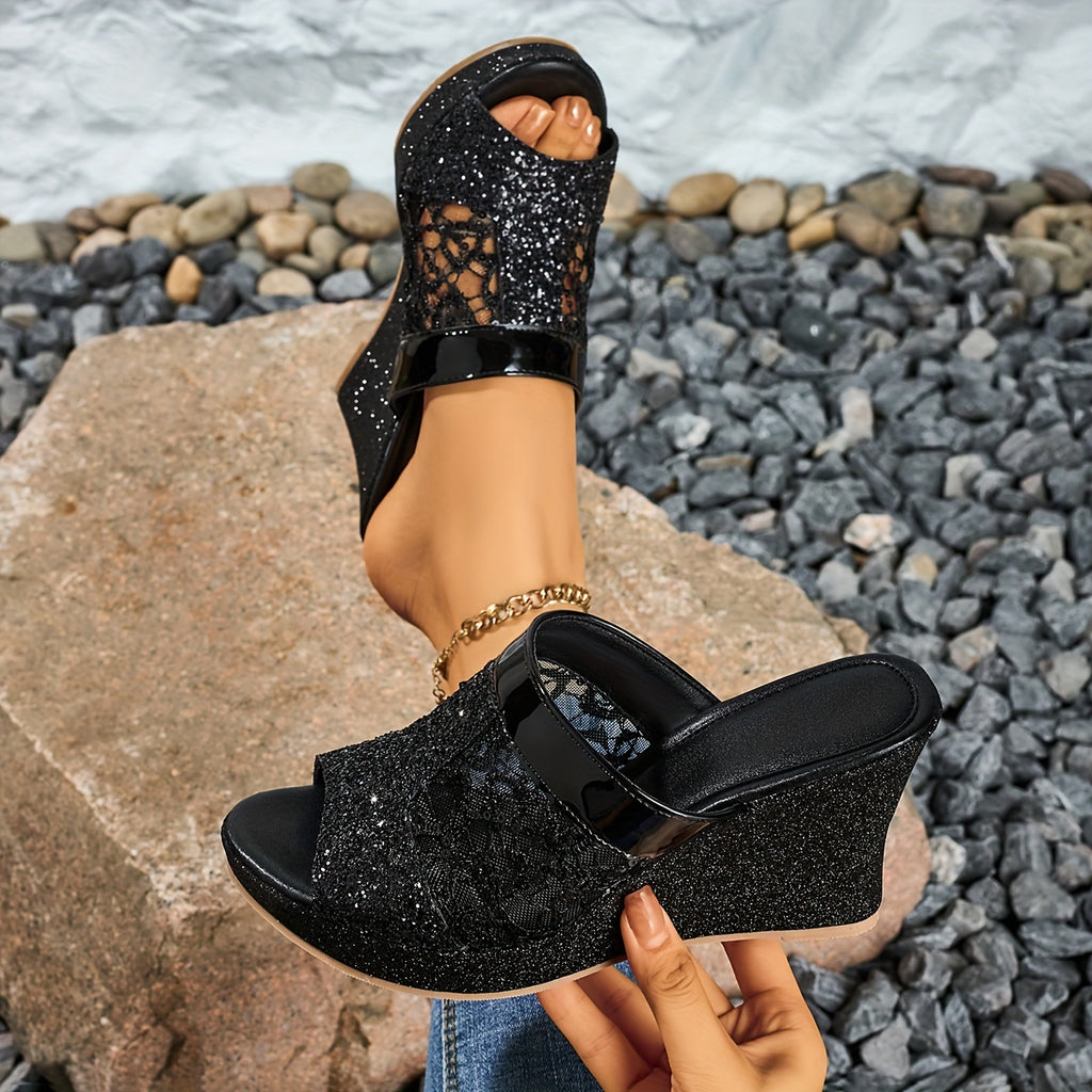 Elegant Wedge-Heeled Sandals for Women with Sequins And Fashionable Lace Embroidery, Perfect for Casual Wear And Easy to Slip On., Women Shoes
