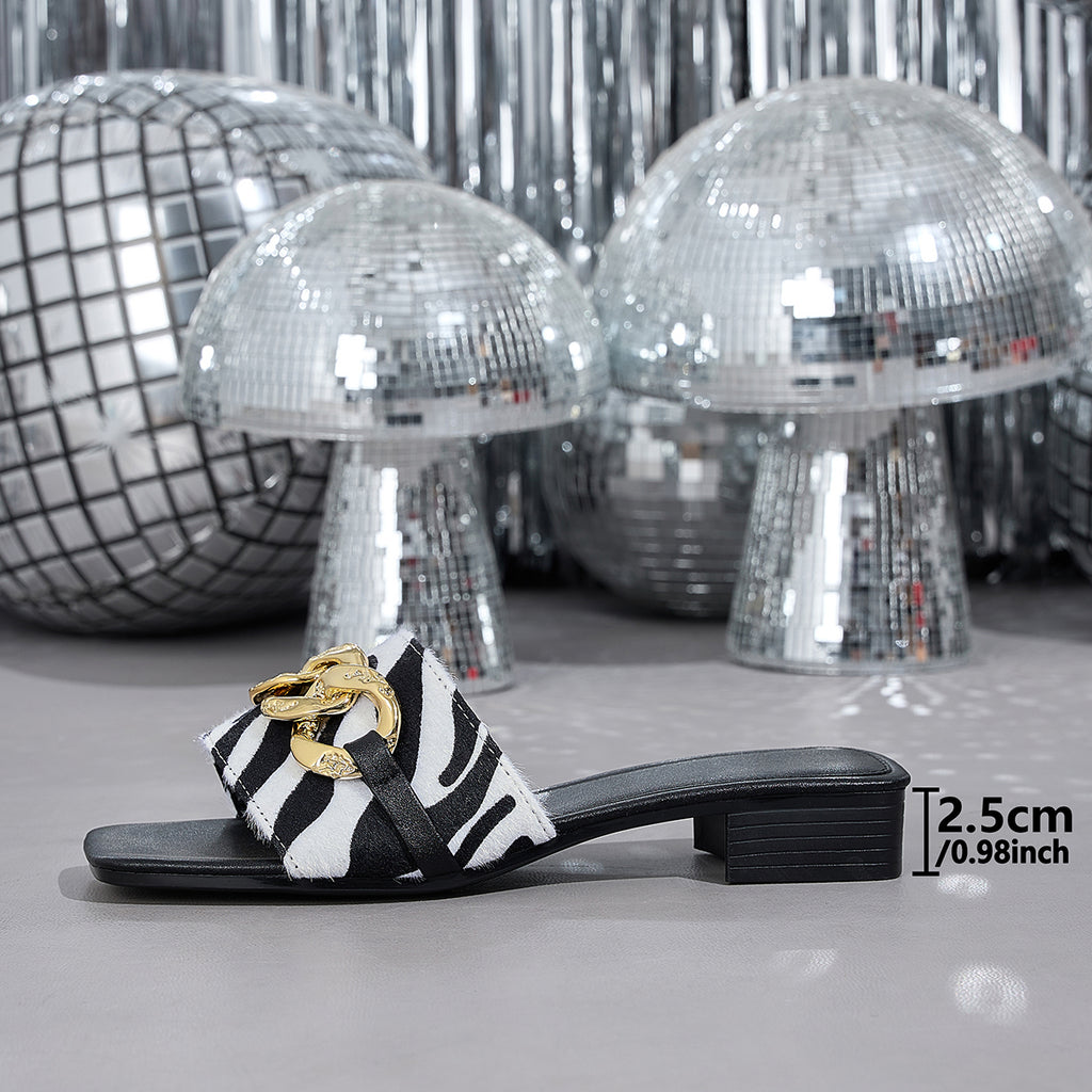 Elegant Women's Zebra Print Sandals with Large Golden Chain Decoration, Women Shoes