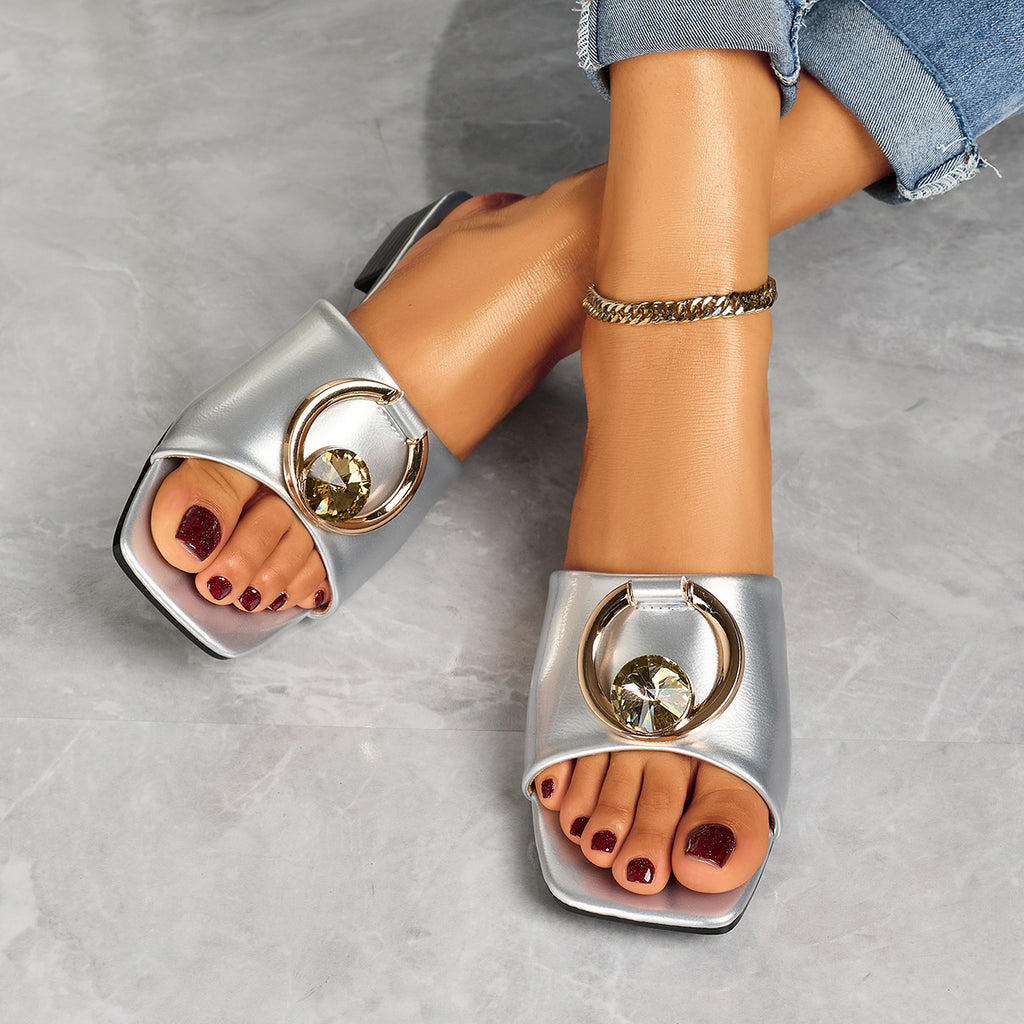 Women's Fashionable and Elegant Open-Toe Low Heel Sandals with Square Toe, Large Rhinestone, and Metal Buckle Slip-On Design, Suitable for Casual Parties, Banquets, and Outdoor Occasions, Women Shoes