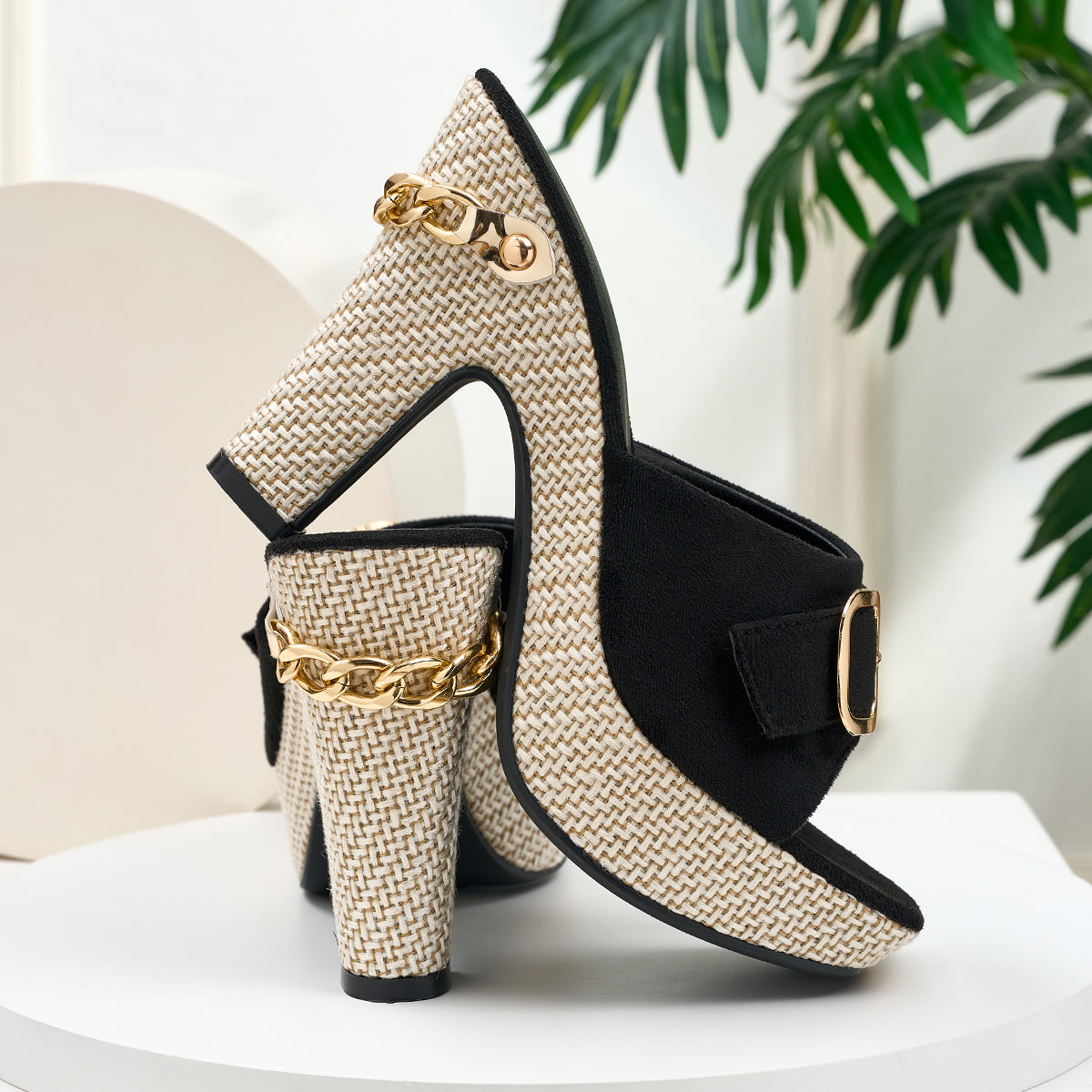 Elegant Women's High-heeled Shoes with Metal Buckle and Chain Detail, Women Shoes