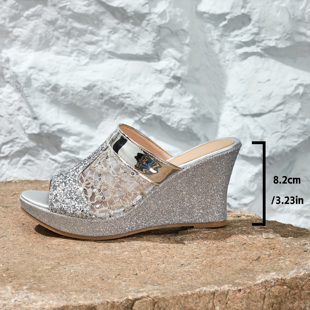 Elegant Wedge-Heeled Sandals for Women with Sequins And Fashionable Lace Embroidery, Perfect for Casual Wear And Easy to Slip On., Women Shoes