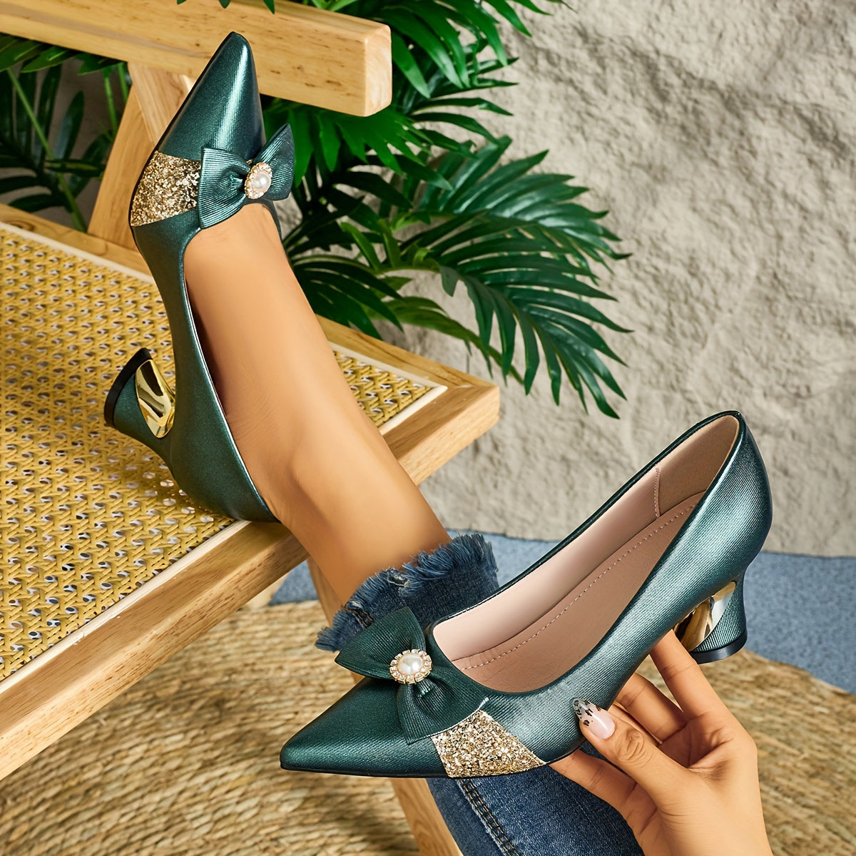 Elegant Women's Pointed-Toe High Heel Mules | Versatile Chunky Heel Dress Shoes for Work, Casual, and Party Wear - TPU Sole, Faux Cover Upper, Fashionable Design|Stylish Women's Footwear|Decorative Embellishments with Pearl Flower Accents