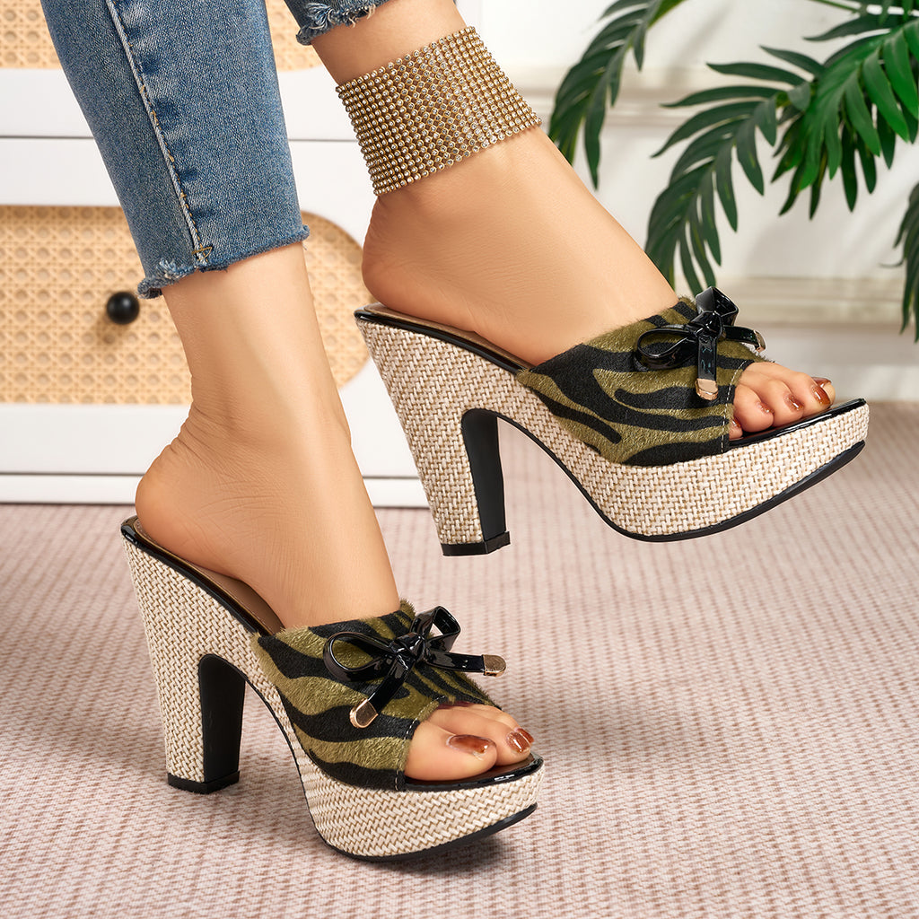 Elegant Women's Zebra Print Bow Open-Toe High Heel Sandals, Women Shoes