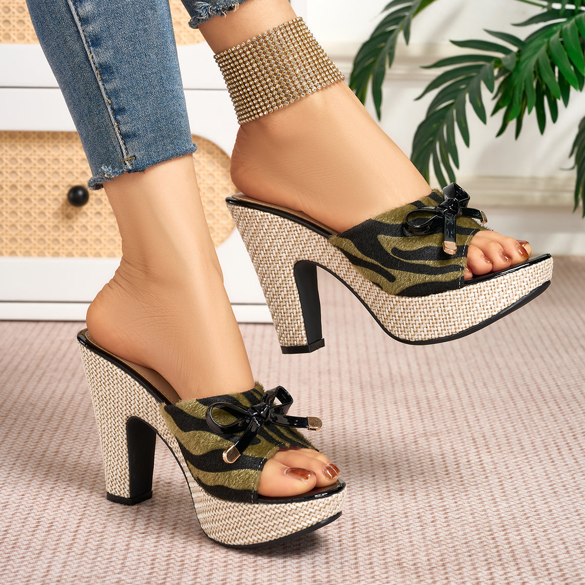 Elegant Women's Zebra Print Bow Open-Toe High Heel Sandals, Women Shoes
