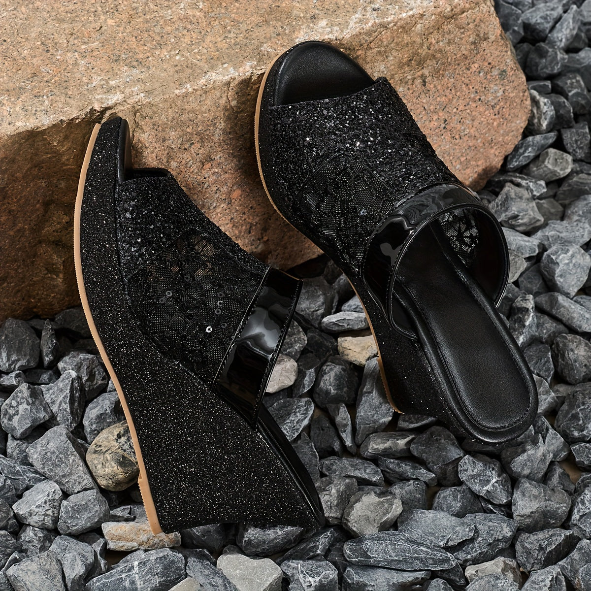Elegant Wedge-Heeled Sandals for Women with Sequins And Fashionable Lace Embroidery, Perfect for Casual Wear And Easy to Slip On., Women Shoes