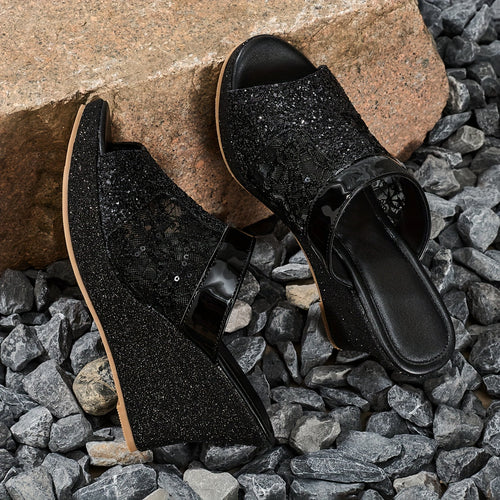 Elegant Wedge-Heeled Sandals for Women with Sequins And Fashionable Lace Embroidery, Perfect for Casual Wear And Easy to Slip On., Women Shoes
