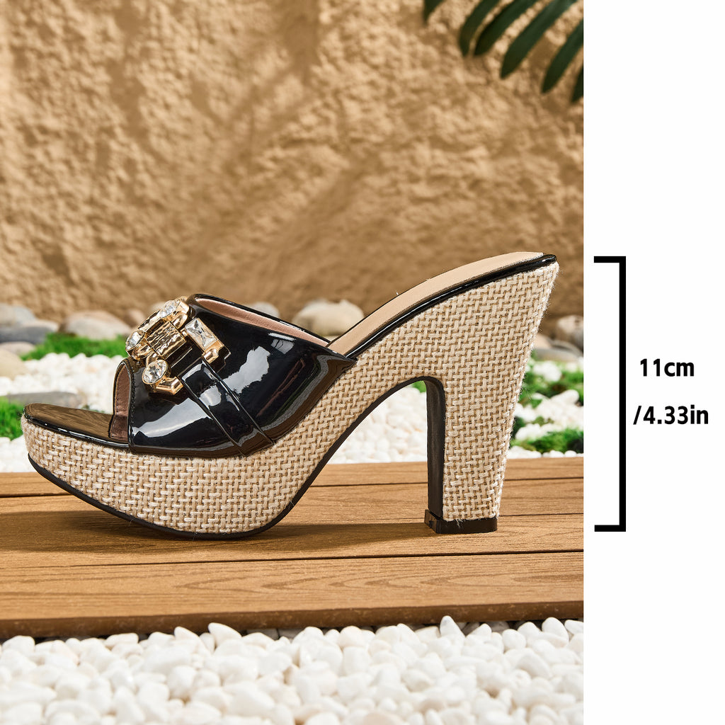 Women's Fashion Solid Color Square Toe High Heel Sandals with Rhinestone Buckle, High Quality Platform Bohemian Style for Versatile Occasions