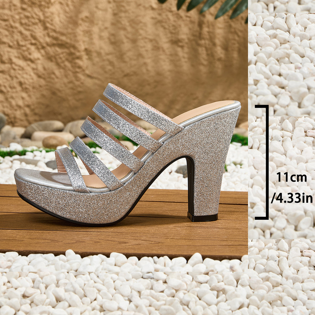 [Elegant Metallic Sandals] Elegant Metallic Women's High-Heeled Sandals | Square Toe Strap Slip-On | Open-Toe Shoes for Outings Parties Banquets