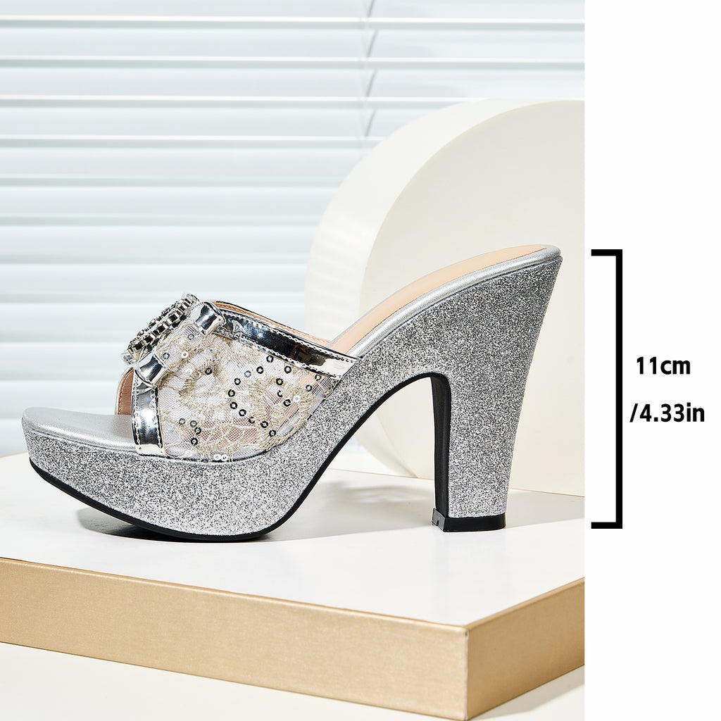 Women's Fashion Bow Lace Square-Toe Slip-On High Heel Platform Slippers, Comfortable and Versatile Style, Suitable for Weddings and Parties, Women Shoes