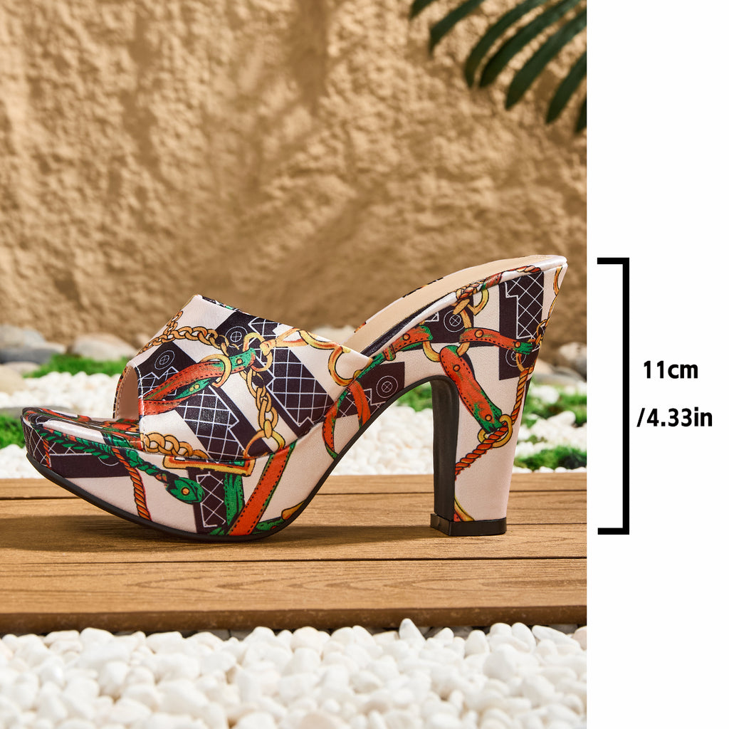 Women's Fashion Elegant Square-Toe Print Slip-On High Heel Sandals, Versatile for Work and Casual Wear, Women Shoes