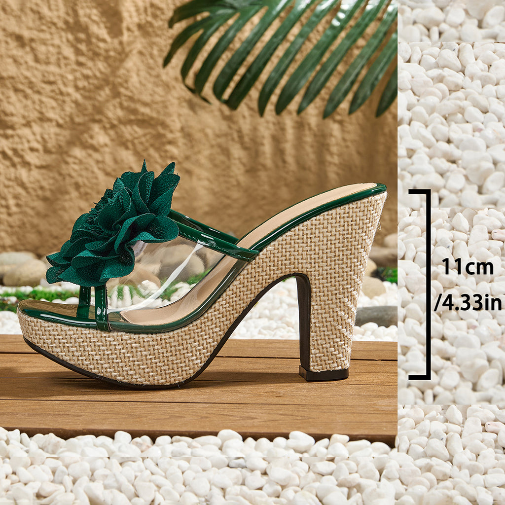 Elegant Women'S Bohemian-Style High-Heeled Sandals with a Square Toe Design, Transparent Floral Thick Sole, Suitable for Balls, Parties, Weddings, And Professional Events., Women Shoes