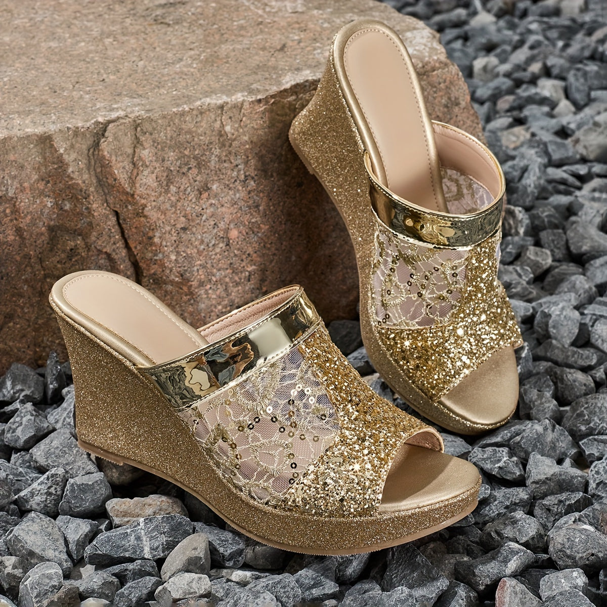 Elegant Wedge-Heeled Sandals for Women with Sequins And Fashionable Lace Embroidery, Perfect for Casual Wear And Easy to Slip On., Women Shoes