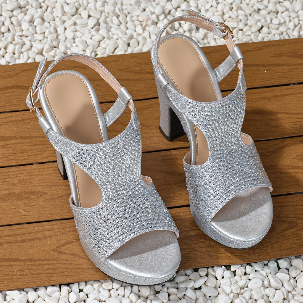 Elegant Women'S High-Heeled Sandals with a Rhinestone-Embellished Open Toe And Round Design, Comfortable And Versatile, Suitable for Parties, Dances, And Various Workplace Occasions., Women Shoes