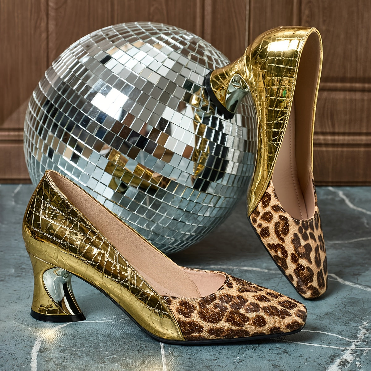 Leopard Print Women Shoes/Color Blocking Embossed Patent/High Heels Square Toe Temperament Versatile
