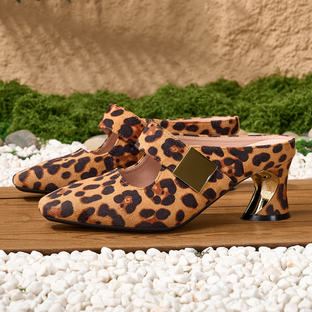 Elegant Women's Small Square-Toe Leopard Print Ankle Strap Chunky Heel Mule High Heel Sandals, Women Shoes