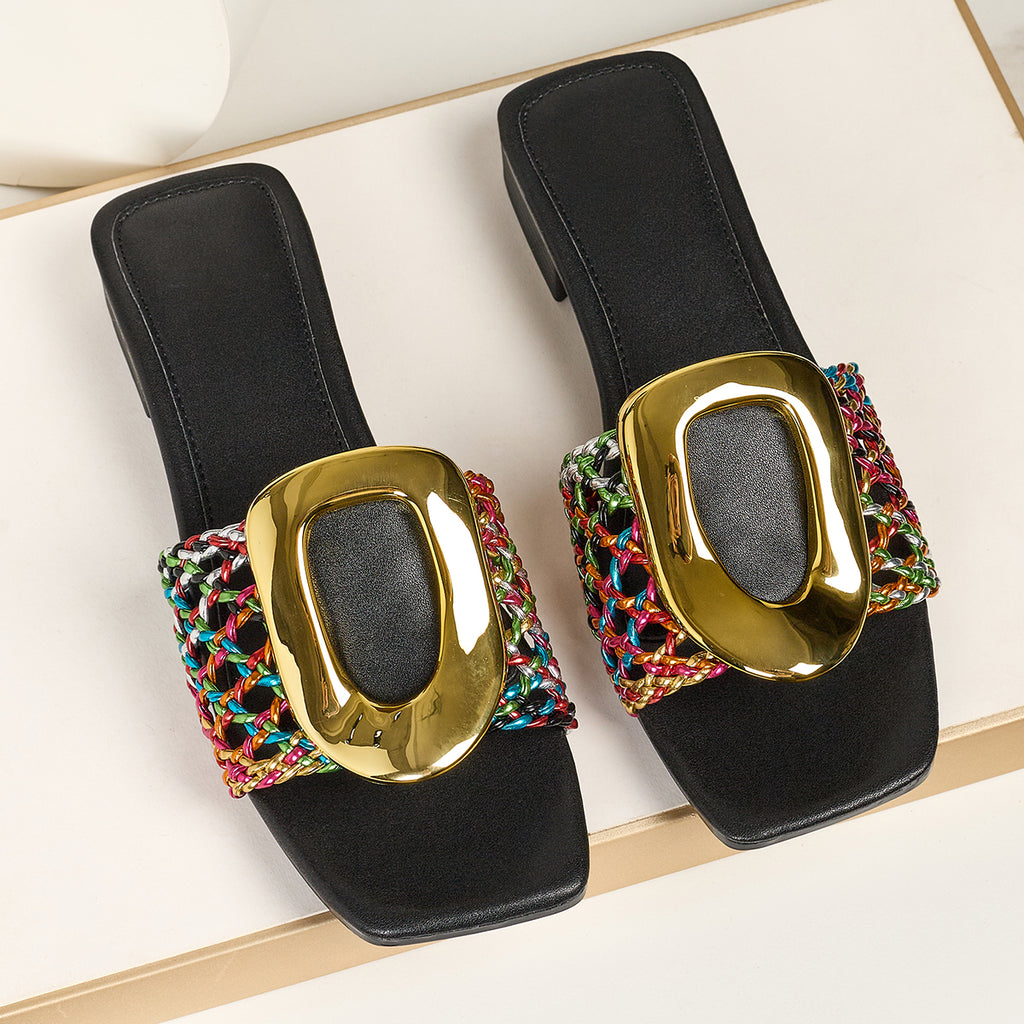 Woven Open-Toe Heeled Sandals with Gold Buckle, Comfortable Slip-On Style