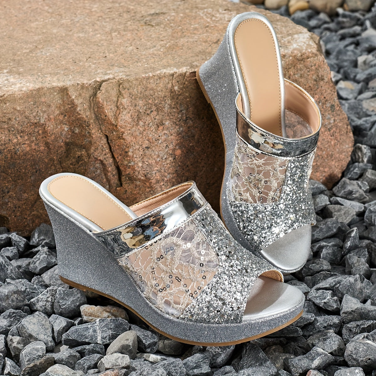 Elegant Wedge-Heeled Sandals for Women with Sequins And Fashionable Lace Embroidery, Perfect for Casual Wear And Easy to Slip On., Women Shoes