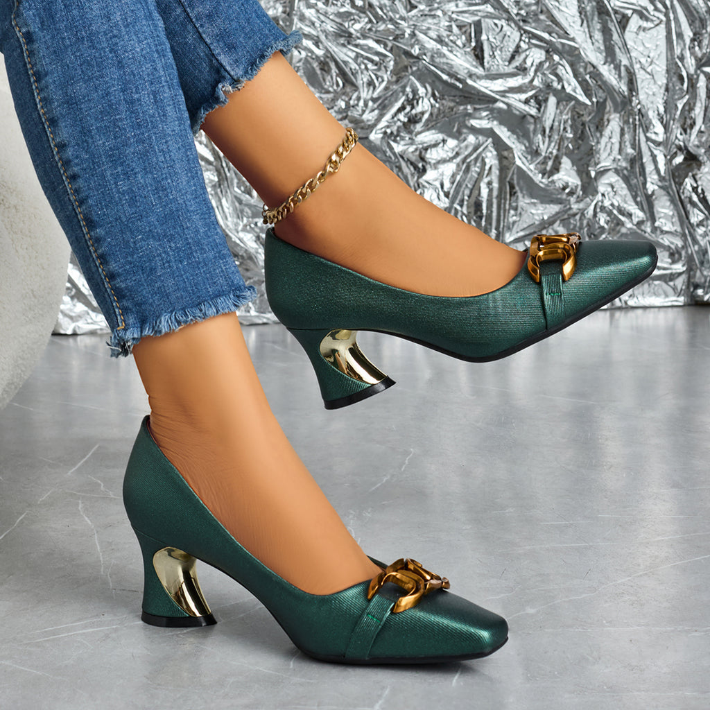 Elegant Women'S Casual Fashion Square-Toed High Heels with Metal Buckles, Comfortable Chunky Heels Suitable for, Leisure, And Professional Parties., Women Shoes