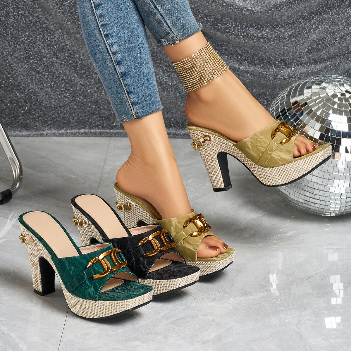 Elegant Women's Metal Buckle Chunky Heel Outdoor High Heel Sandals, Women Shoes
