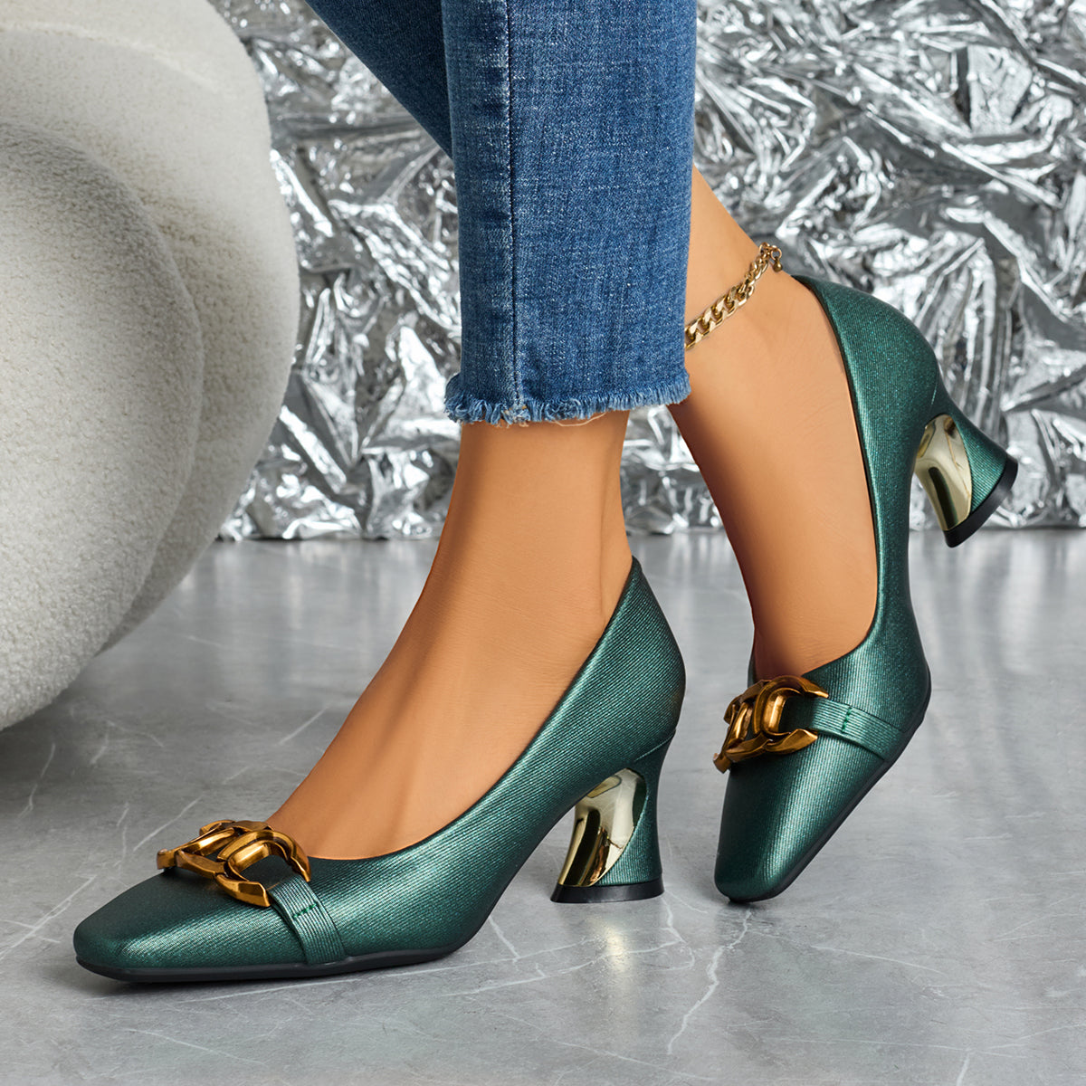 Elegant Women'S Casual Fashion Square-Toed High Heels with Metal Buckles, Comfortable Chunky Heels Suitable for, Leisure, And Professional Parties., Women Shoes