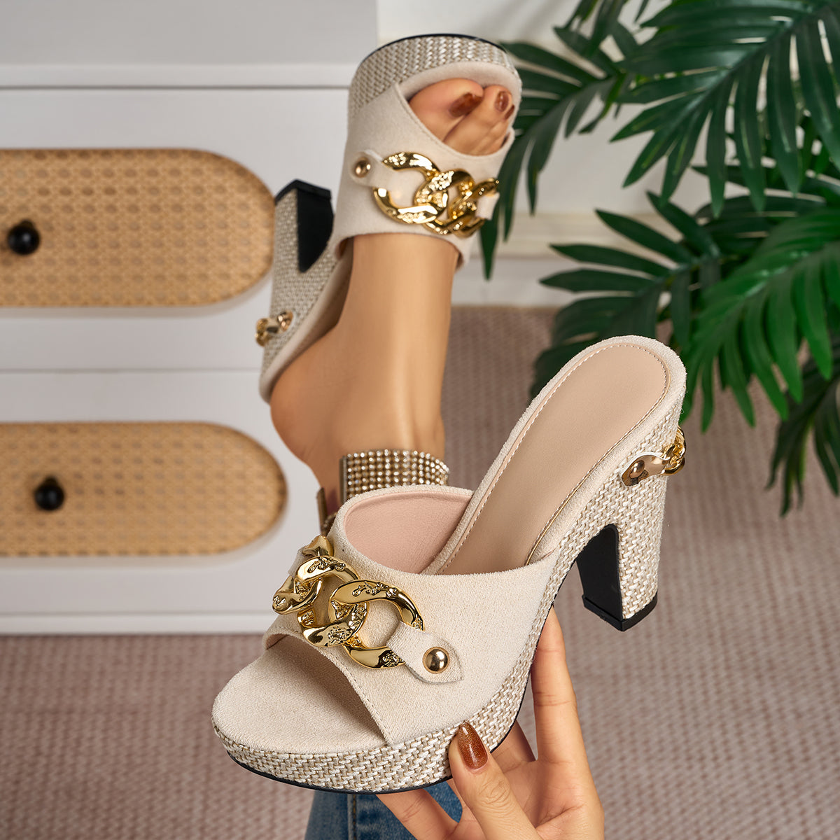 Elegant Women's Metal Chain Embellished High Heel Sandals, Women Shoes