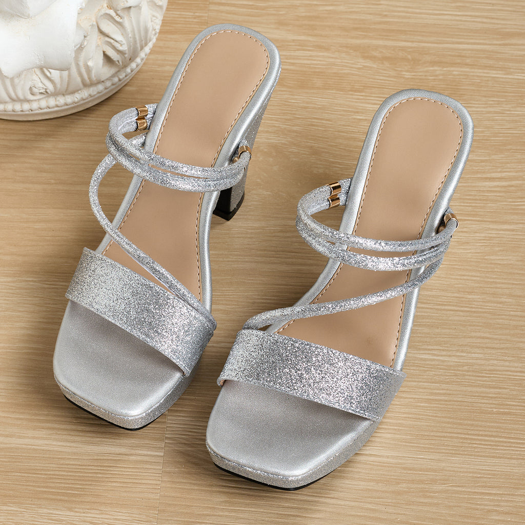 Elegant and Fashionable High-heeled Sandals for Women, Featuring a Square Toe and Shiny Open-toe Design. Suitable for Banquets, Parties, Travel, Work, and Any Occasion, Women Shoes