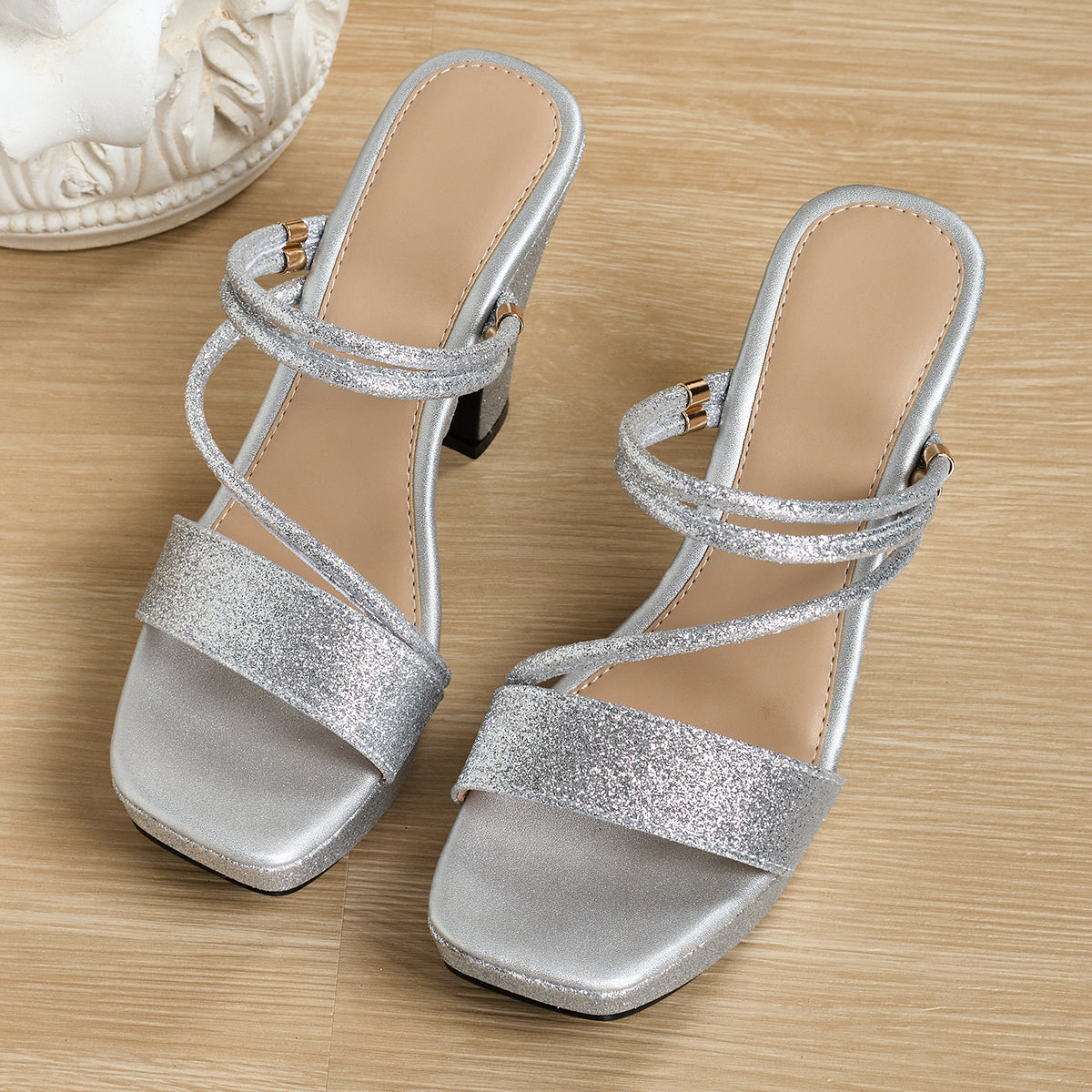 Elegant and Fashionable High-heeled Sandals for Women, Featuring a Square Toe and Shiny Open-toe Design. Suitable for Banquets, Parties, Travel, Work, and Any Occasion, Women Shoes