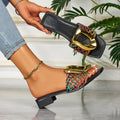 Woven Open-Toe Heeled Sandals with Gold Buckle, Comfortable Slip-On Style