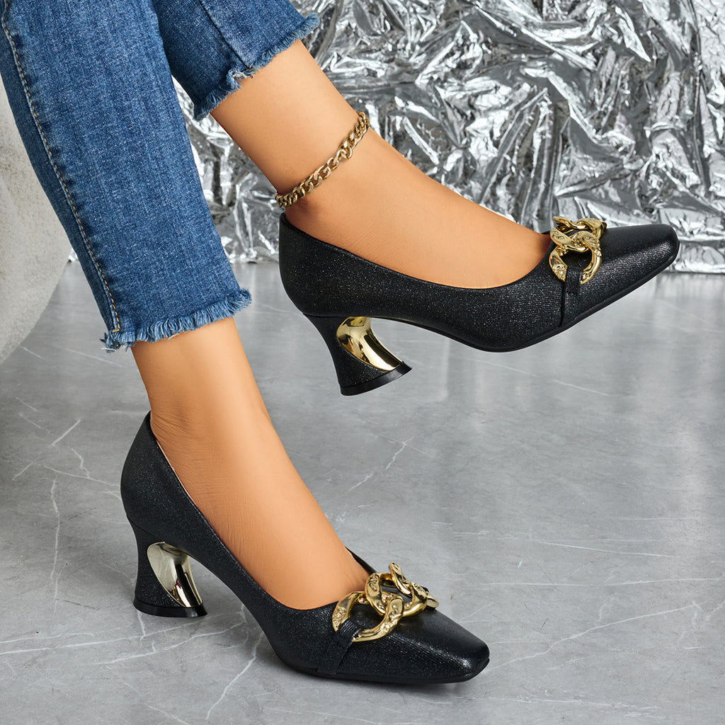Elegant Women's Casual and Fashionable Small Square Metal Buckle High Heels, Comfortable and Versatile with Thick Heels, Suitable for Work, Leisure, Professional Parties, Women Shoes