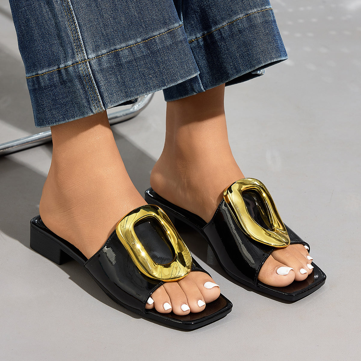 Elegant Women'S Square-Toed Sandals with a Large Golden Buckle, Women Shoes