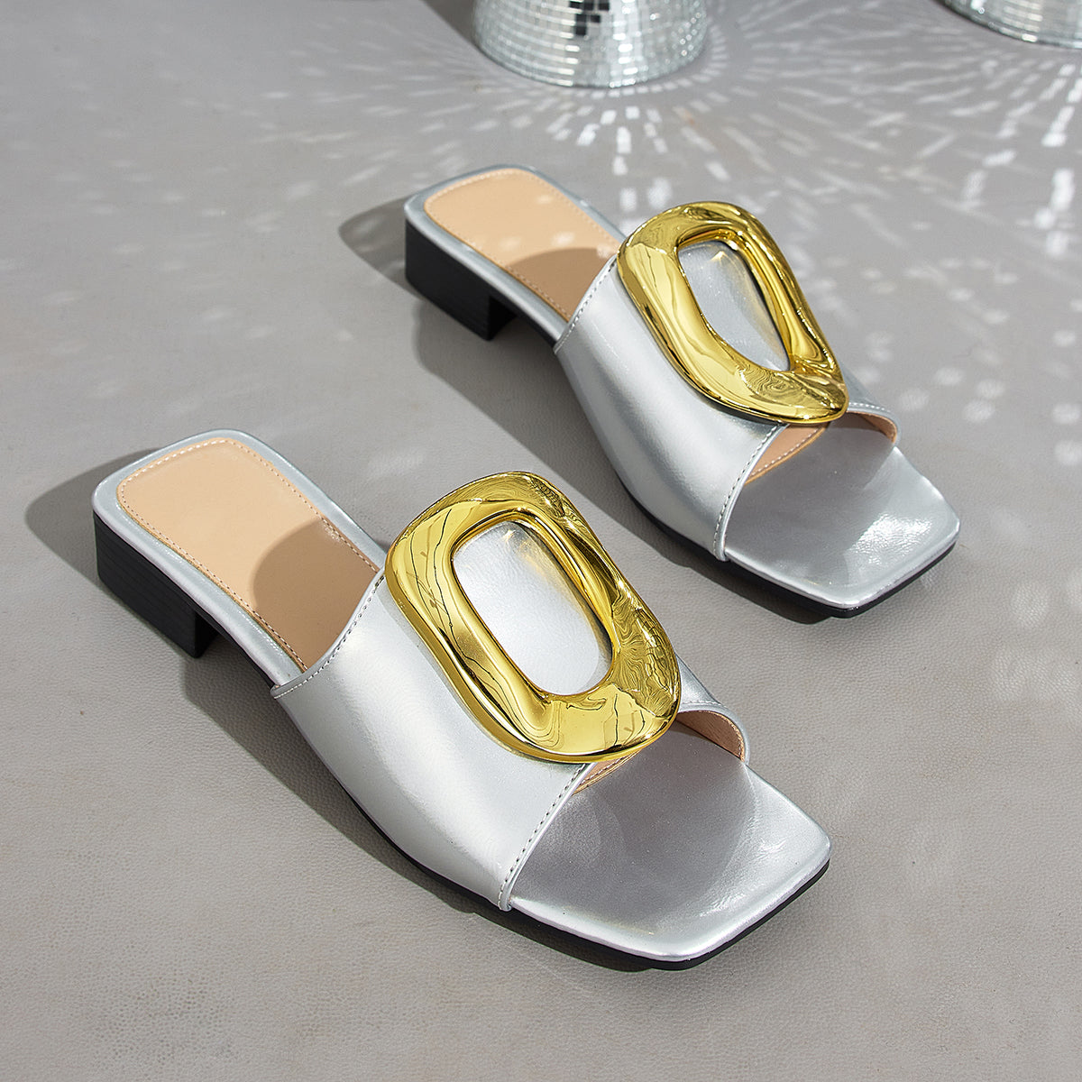 Elegant Women'S Square-Toed Sandals with a Large Golden Buckle, Women Shoes